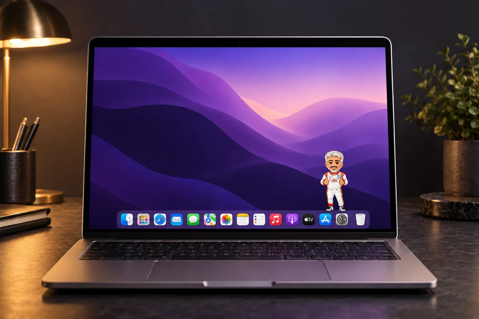 Illustrative Mac laptop desktop with Ajith giving two thumbs up just above the Dock