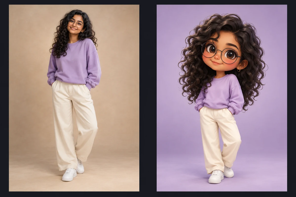 Illustrative photo of a woman in a lavender sweatshirt alongside her matching chibi character